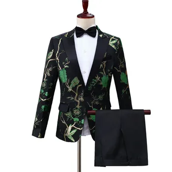 Elegantne kostime s vezom u kineskom stilu za muškarce, blazer s cvjetnim ispis, Приталенный zelena Moderan scenski kostim s vezom, Homme