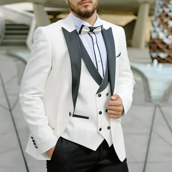 Elegantne kostime za muškarce, bijeli blazer od 3 predmeta, prsluk s crnim igle, službeni poslovna vjenčanicu za mladoženja, kum, smoking
