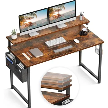 Računalni stol s podesive police za monitore, 48-inčni home uredski stol s postoljem za monitor, Pisaći stol , Smeđa u rustikalnom stilu