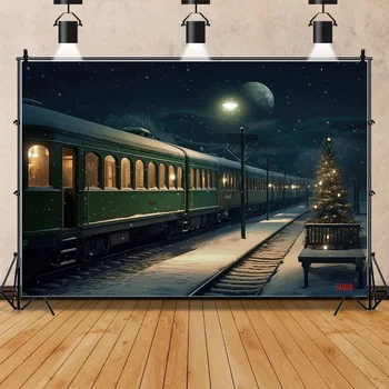 Pozadine za noćni fotografije iz prozora Božićni vlak ZHISUXI s трепещущими снежинками Studijski pozadina WW-66