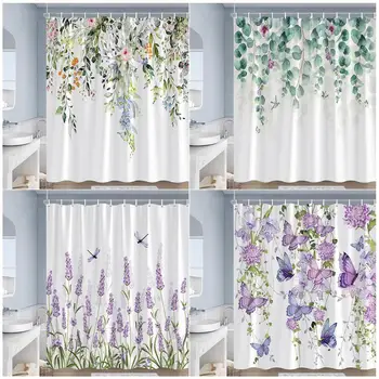 Zavjese za tuširanje u rustikalnom stilu s cvjetnim uzorkom, leptir, Akvareli cvijeće, biljke, Ljubičasta lavanda, Zavjese za kupaonicu, dekoracija od poliestera s kukicama