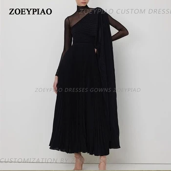 Crna večernja haljina s visokim воротом i dugih rukava dužine do ankles, Trapeznog oblika, Jednostavan šal na red, večernje haljine za maturalne, haljine