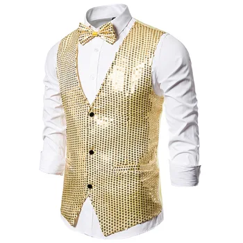 Muški prsluk sa sjajnim zlatnim šljokicama i kravata-leptir, приталенный prsluk za maturalne večeri u noćnom klubu, prsluk za muškarce, prsluci za pjevače, odijelo za muškarce