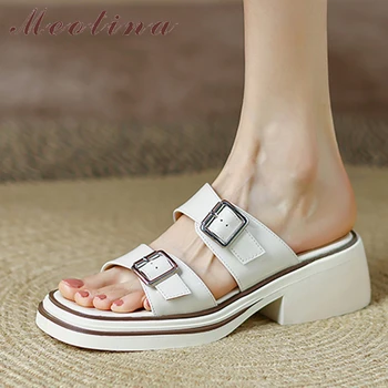 Meotina/ ženske cipele od prave kože; ljeto japanke na prosjeku petu s trga vrhom; ženske sandale na debelom petu cipele s kopčom i uskim remenom; boja marelice; 43 godine