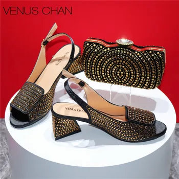 Popularne u Nigeriji novi elegantne sandale crne boje na masivnim petu za jednostavne i univerzalne stranke, fine cipele i torba u kompletu