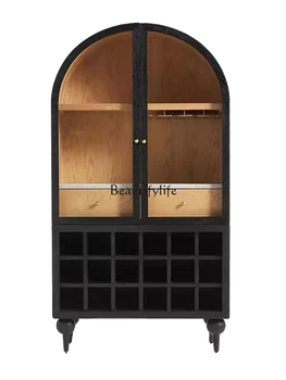 Lučni retro-ormar od punog drveta crne boje u američkom stilu s francuskim staklena vrata, moderan minimalistički ormari