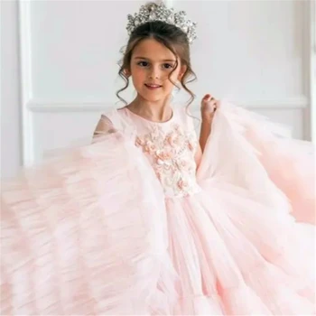 Haljina sa cvjetnim uzorkom za djevojčice, loptu haljina princeze, Pink Anđeo, multi-Slojevite haljina za Prvu pričest od tila i čipke, dječji rođendanski poklon-iznenađenje