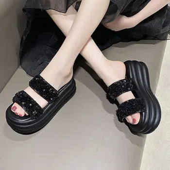 Apanzu/ Ukusan dizajn udobne sandale za hodanje sa šljokicama, ženske cipele s debelim potplatima, ulica papuče na ekstremne platforme i potpetice u gotičkom stilu