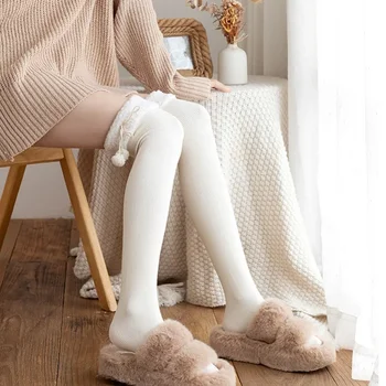 Japanski zimske pliš čarape na pruge u stilu Лолиты, slatka krzna vunene термоколготки Y2k Kawaii Jk, ženske golfs do koljena s balonima