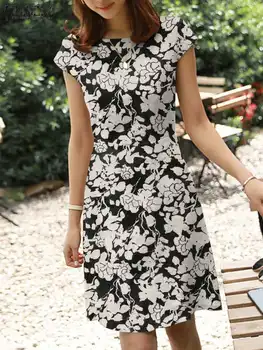 2023 ZANZEA Korejski haljina s cvjetnim ispis, Ženske haljine dužine do koljena kratkih rukava, Ljetni Elegantne Plaža haljine s okruglog izreza