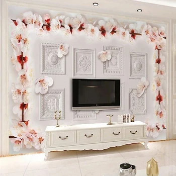 Pozadina je u europskom stilu 3D gips reljef Foto cvjetanje trešnje Bež freska Pozadina za tv u dnevnoj sobi Dekor zidova i stropa
