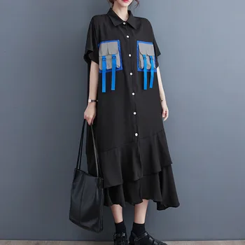 #3526 Ljetno Crna Duga haljina-košulja, Ženskih džepove, Slobodan volanima, Asimetrična haljina-košulja na zakopčane sprijeda, kratkih rukava U Korejskom stilu