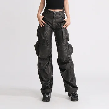 Jesensko-zimske hlače s visokim strukom za žene, modne univerzalne hlače-teretni od umjetne kože sa širokim džepovima, vanjska odjeća 2023