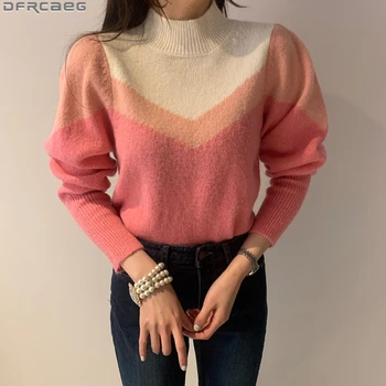 Nova Korejska modna odjeća za žene, veste, 3 boje, kontrast pletene džemper u patchwork stilu, pulover, Zimske majice s dugim rukavima