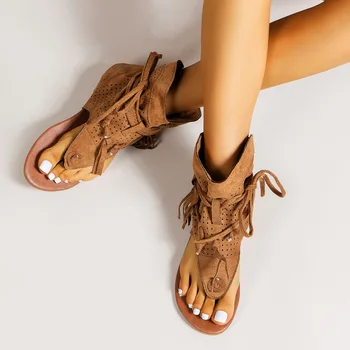 Čizme Ženske nove cipele 2023 godine, Luksuzne dizajnerske sandale na ravne cipele, gumene sandale do sredine kavijara, Niski, velikih dimenzija, trendy ženske cipele s cross uvezivanje