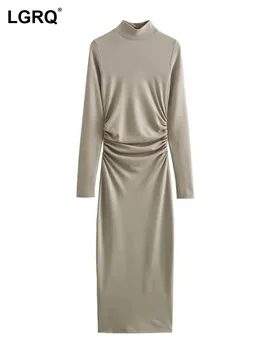 LGRQ 2024 Elegantne Modne uske haljine s naborima na stražnjici Ženske ravnici dnevne haljine s dugim rukavima Modne 19Z1801