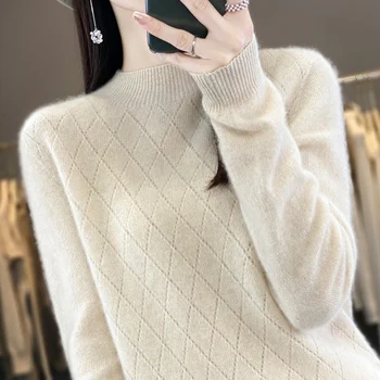Jesensko-zimski džemper od čiste vune, ženske proziran водолазка s okruglog izreza, dijamant vune pletene bazu džemper, ca