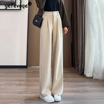 Korejski modni vunene guste ravne široke hlače za žene, jesen-zima, berba office svakodnevne ženske hlače s visokim strukom
