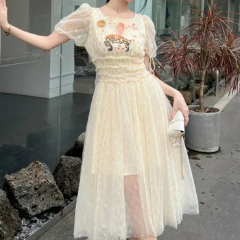 Neobuzdano dizajn Сетчатое haljina Donje Ljeto s cvjetnog vezom Vintage odjeća Ženske Elegantne haljine s visokim strukom Proljeće