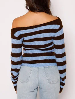 Ženski pletene džemper u boji blok, džemper na pruge s okruglog izreza i dugih rukava, jesensko-zimski topli džemper