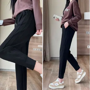 Ženske jesensko-zimske nove slobodne kaki hlače s visokim strukom, baršun debele džepove na завязках, crne sportske hlače