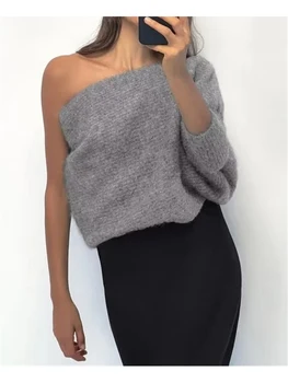 Ženski vuneni crni elastični džemper, ženska демисезонная moda, asimetrični siva pletene pulover s jednim rukava, gornja odjeća
