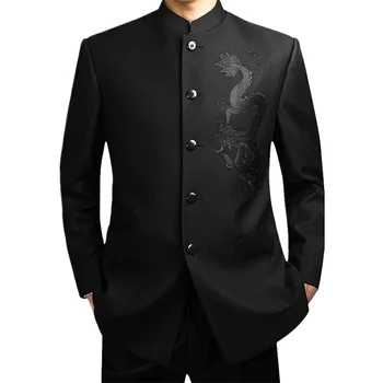 2024 Crni Kineski Ogrtač Odijelo Muško Tradicionalni Ovratnik Satna Odjeća Lidera APEC Muška Vez Totem Zmaj Tan