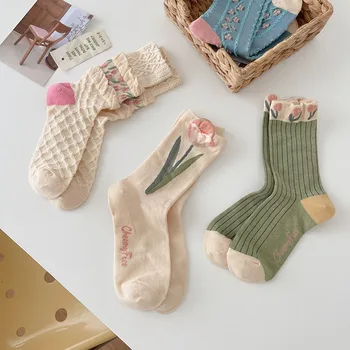 Nove proljeće-jesen ženske čarape s trendi po cijeloj površini, čist pamuk, Lolita, Svježe i univerzalne čarape srednje dužine, čarape s cvijećem Kawaii