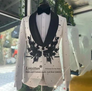 Elegancija Aplicirano Perla Bijeli Smoking Muška Odijela Komplet od 3 predmeta Blazer Da Bi Večere Slim Fit Poslovne Muški Terno Masculino Completo